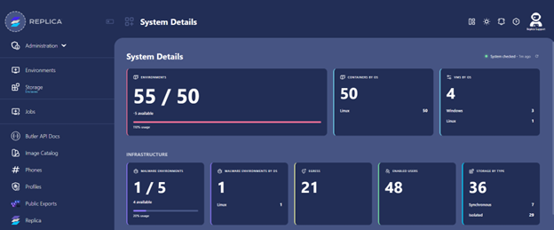 Screenshot of the system details screen in the Replica platform