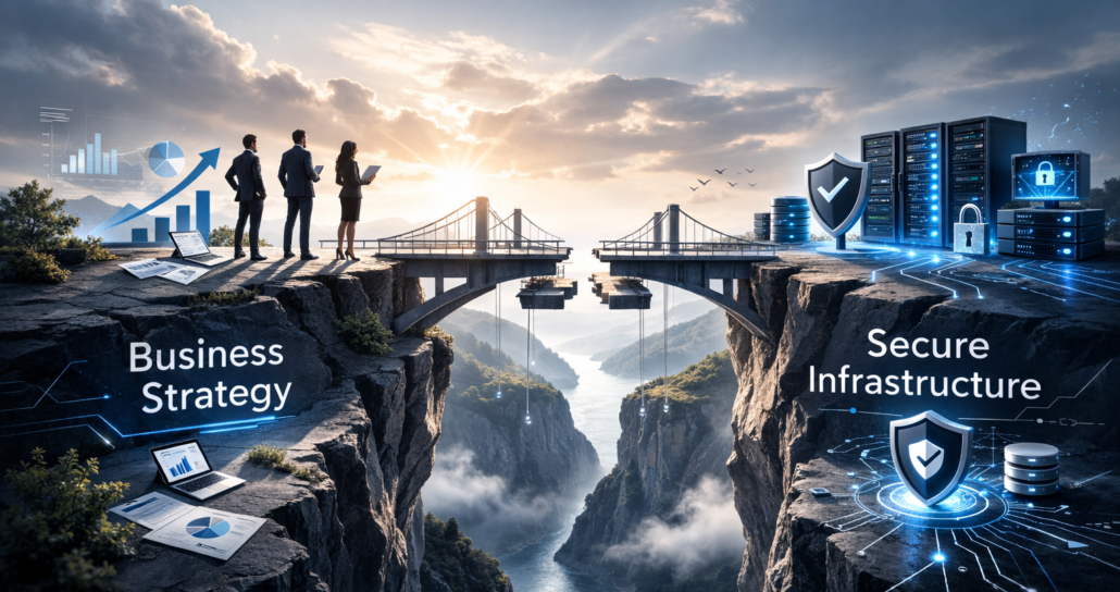 A visualization of the infrastructure gap in IT depicted by a broken bridge